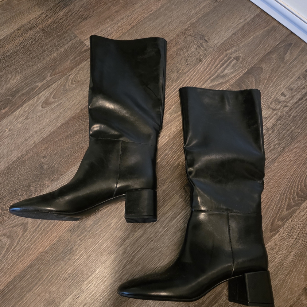 Zara Black Mid-Calf Block Heel Leather Boots